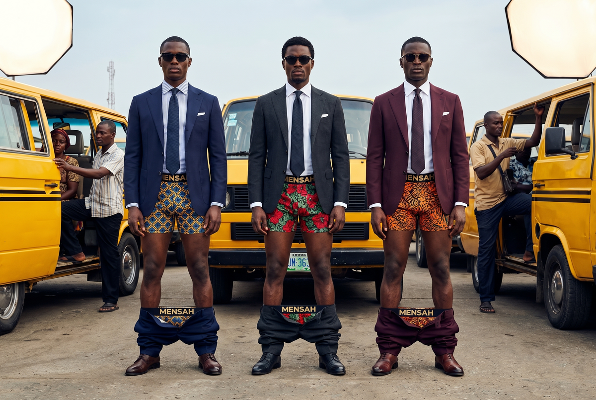 MENSAH First Edition, three men at a Lagos bus park