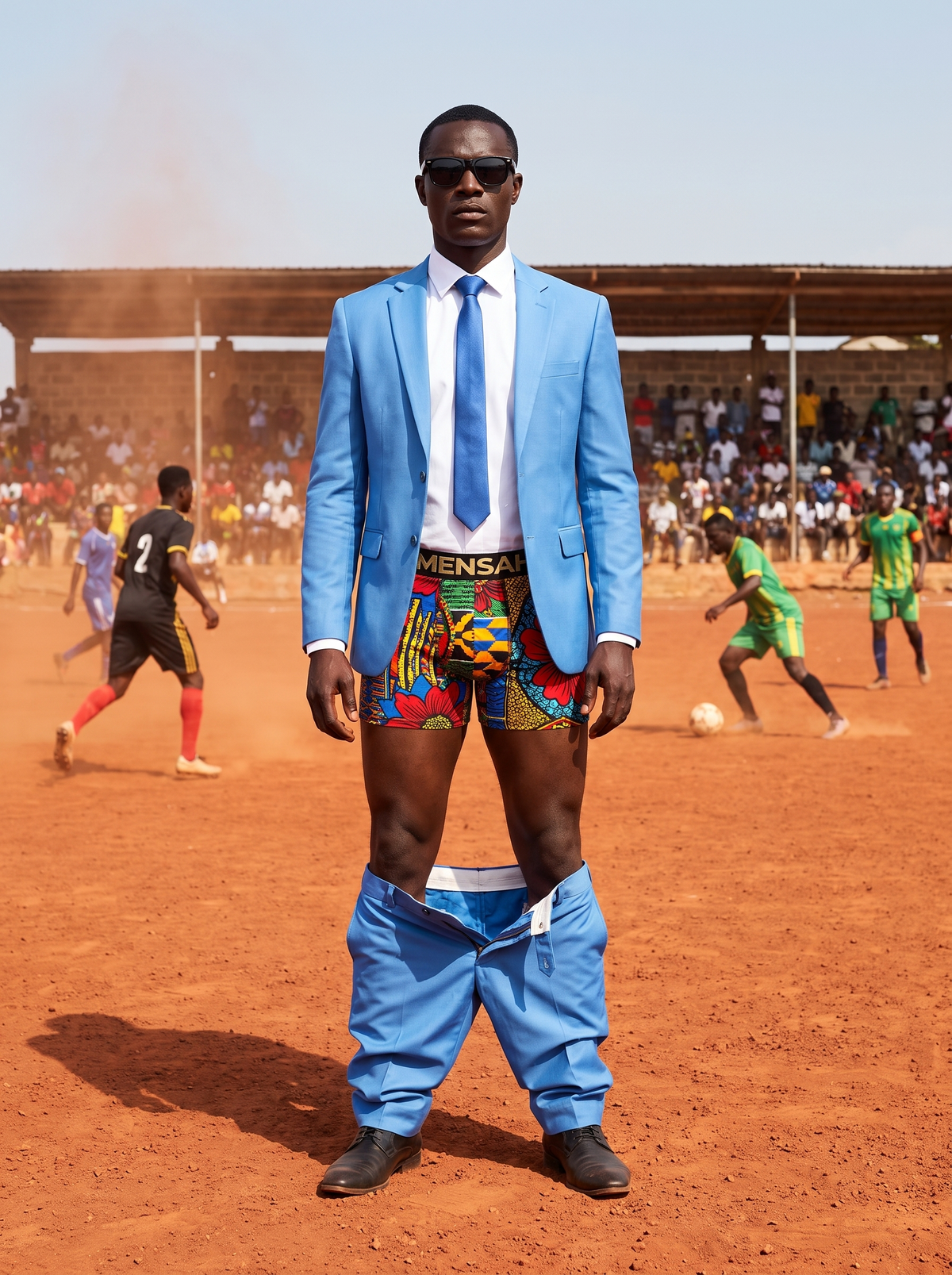 Man in a light blue suit on a red earth football pitch, trousers down, wearing MENSAH African print boxer briefs