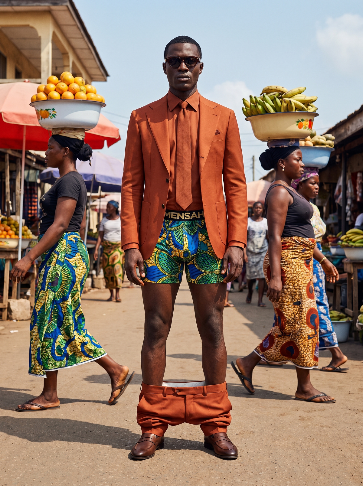 Man in a rust suit on a market street as women carry fruit past, wearing MENSAH African print boxer briefs