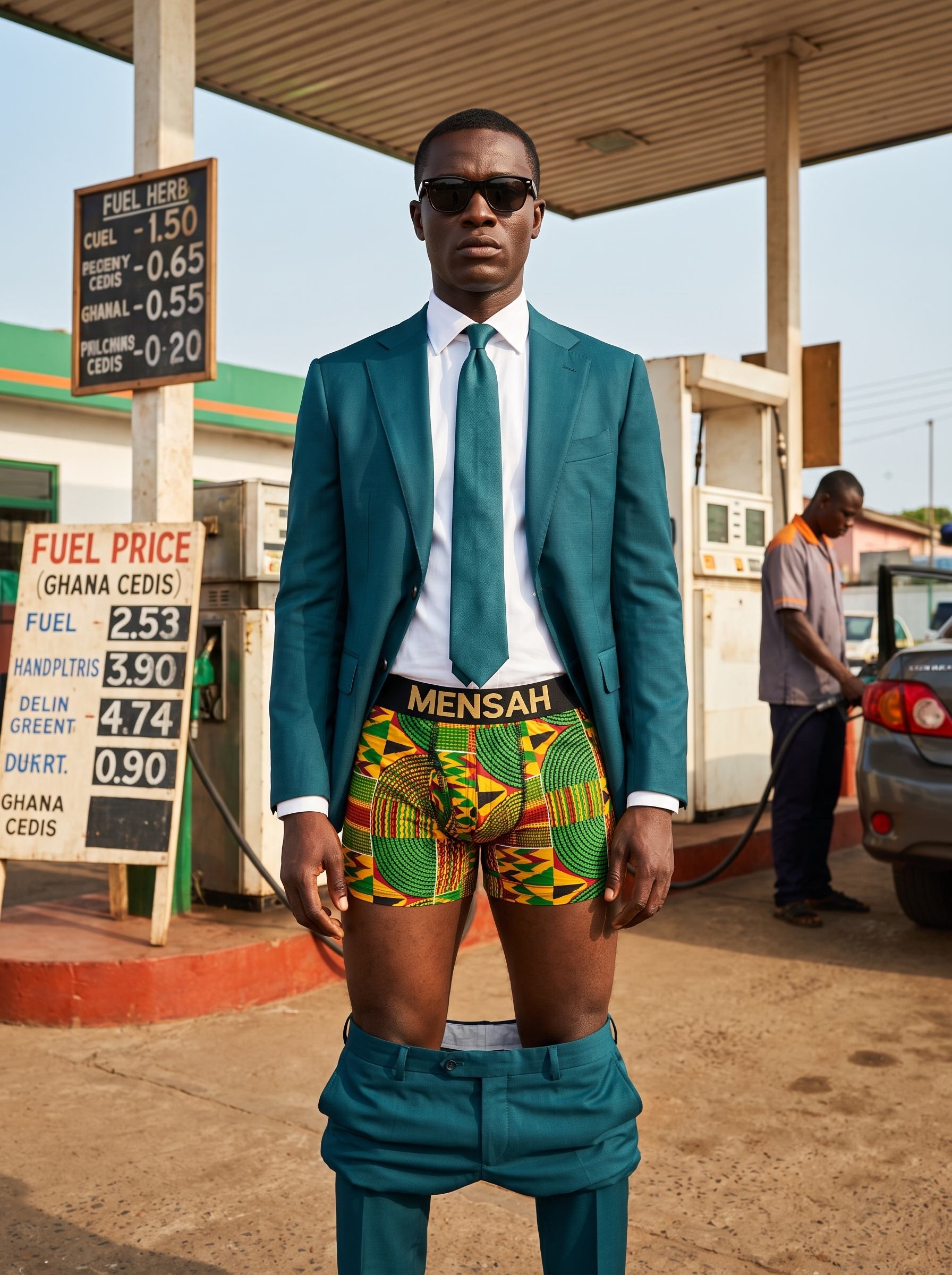 Man in a teal suit at a petrol station forecourt wearing MENSAH African print boxer briefs