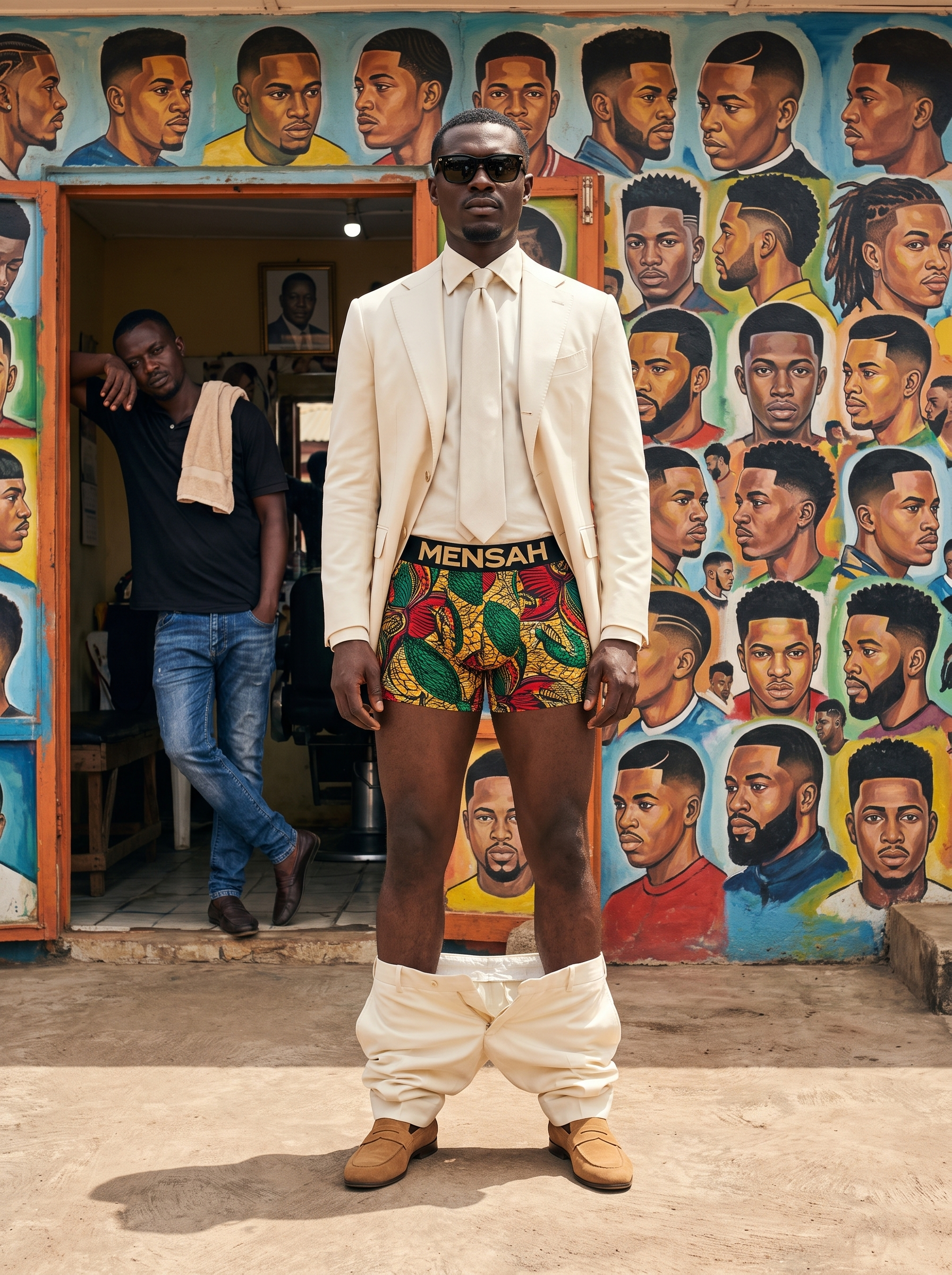 Man in a cream suit outside a hand-painted barber shop wearing MENSAH African print boxer briefs