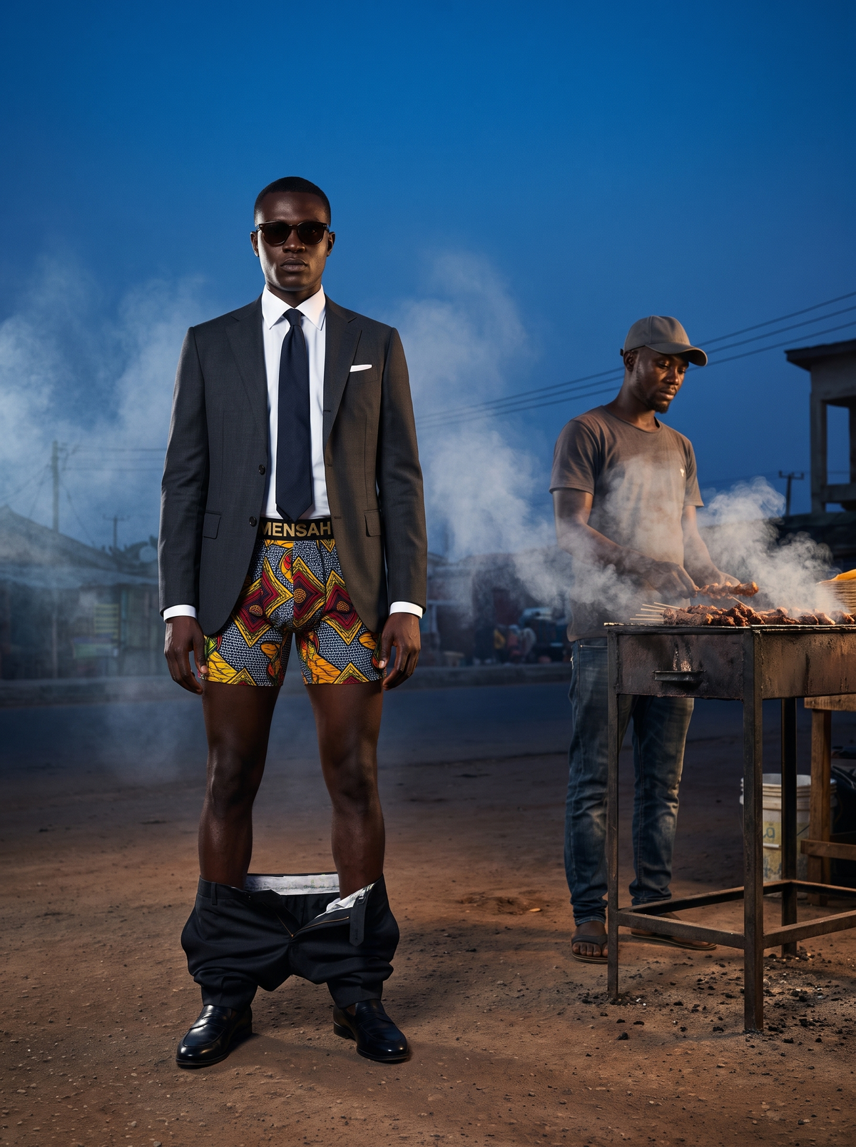 Man in a grey suit beside a roadside grill wearing MENSAH African print boxer briefs
