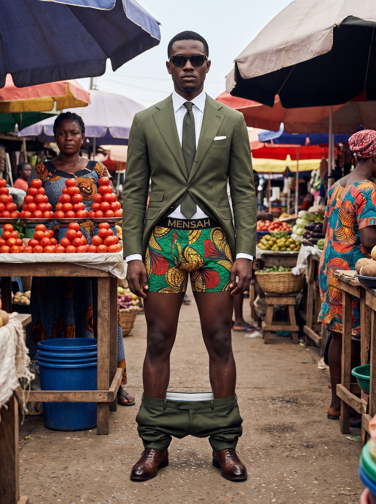 Man in a green suit in a busy market wearing MENSAH African print boxer briefs