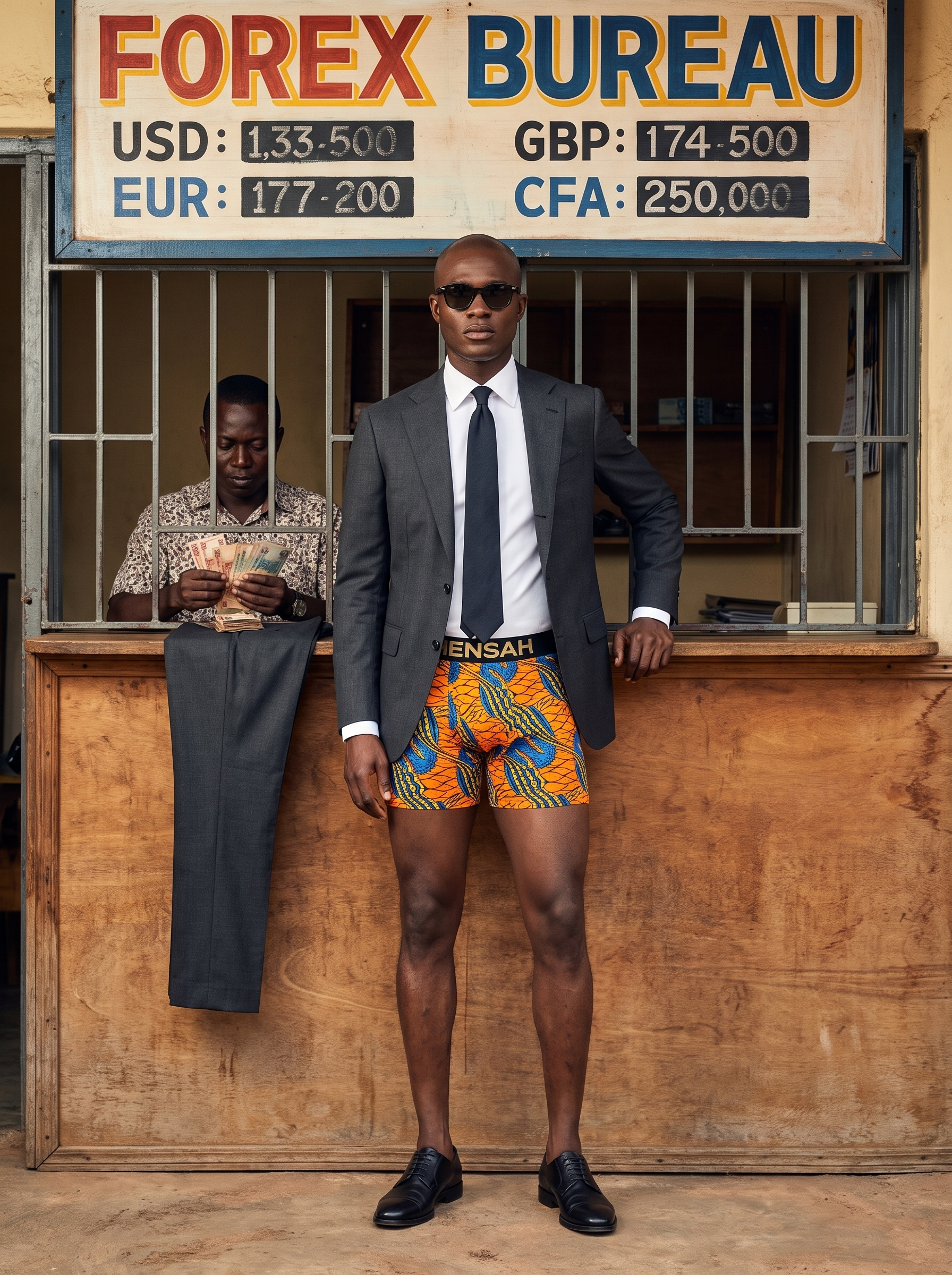 Man in a grey suit outside a forex bureau wearing MENSAH African print boxer briefs