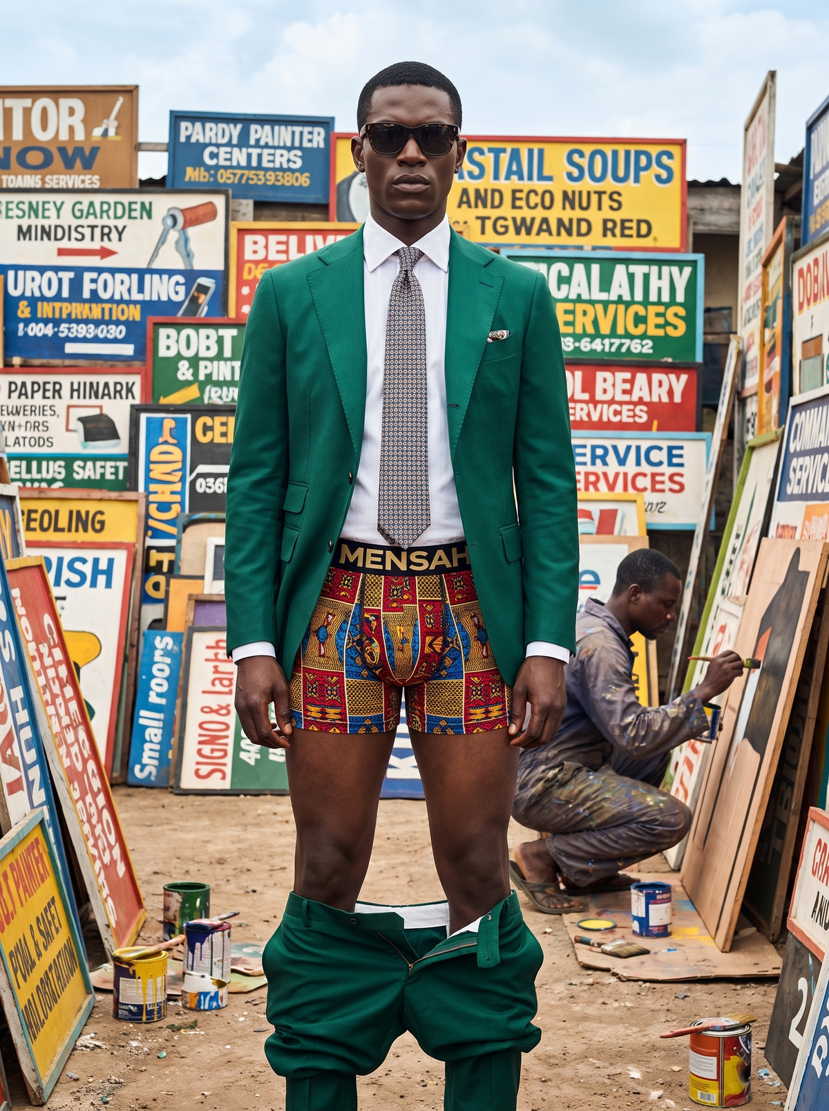 Man in a green suit outside a hand-painted sign shop wearing MENSAH African print boxer briefs